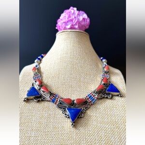 Vintage Ethnic Style Pyramid Shape Necklace Inlay Stones Set In Silver 18in,116g